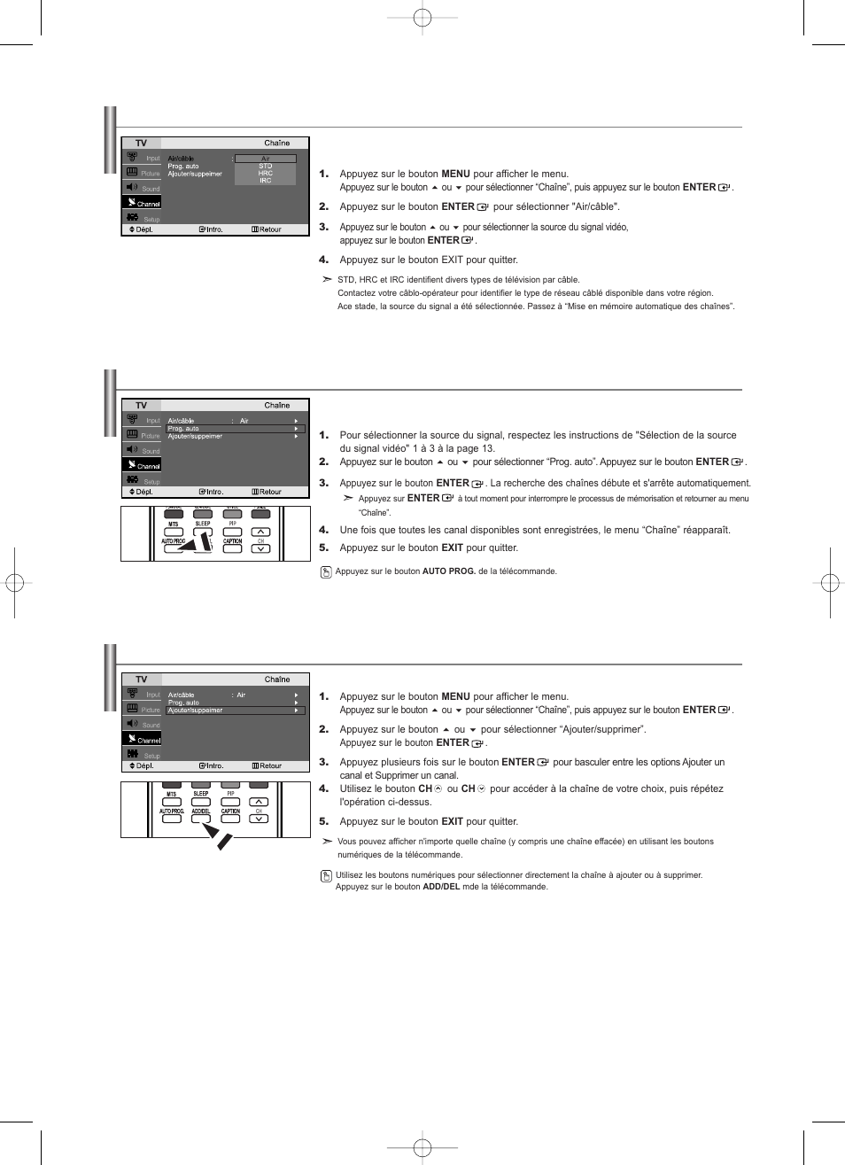 Mise en mémoire manuelle des chaînes, Mise en mémoire automatique des chaînes, Sélection de la source du signal vidéo | Samsung LNS2338WX-XAA User Manual | Page 40 / 77