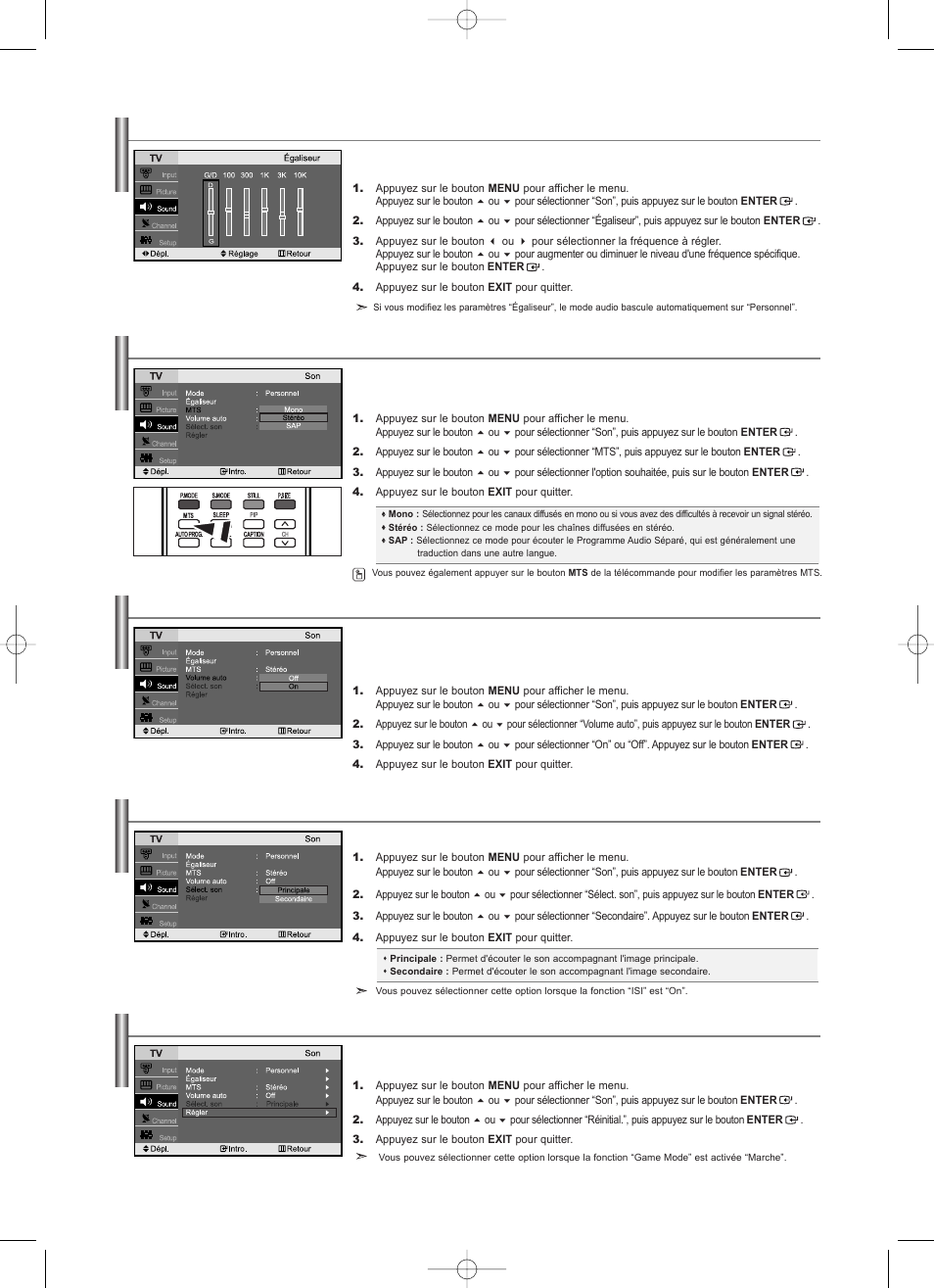 Utilisation du volume automatique, Activation du son de l'image (sis) secondaire, Personnalisation du son | Rétablir les paramètres de son par défaut | Samsung LNS2338WX-XAA User Manual | Page 44 / 77