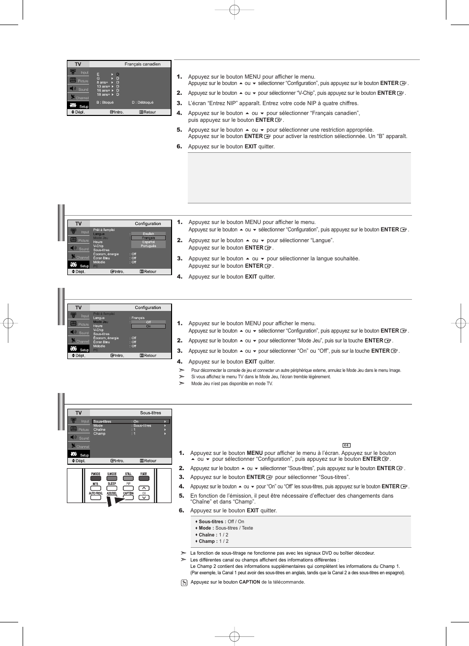 Visualisation des sous-titres codés, Sélection d’une langue de menu, Utilisation de mode jeu | Samsung LNS2338WX-XAA User Manual | Page 48 / 77