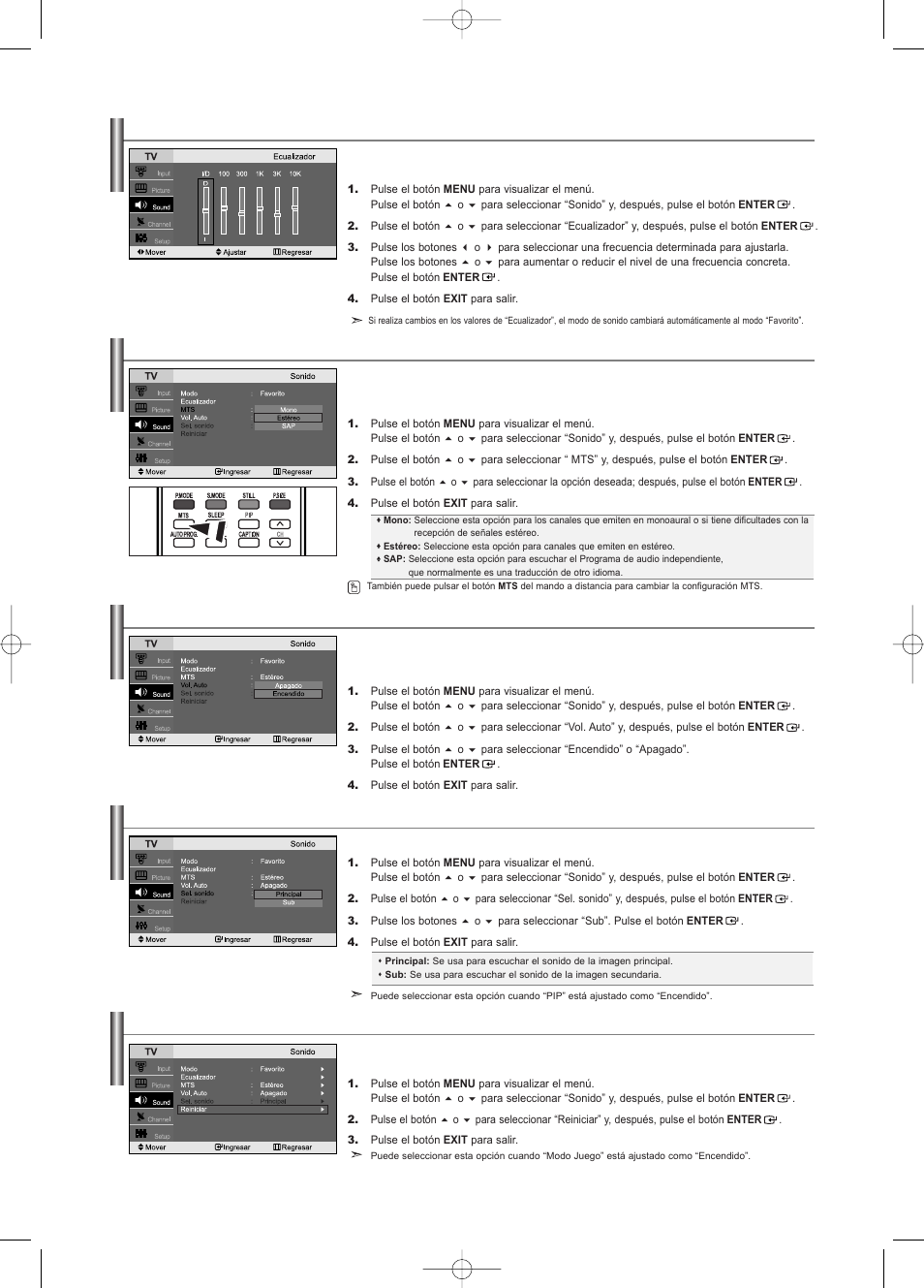 Elección de una pista sonora multicanal (mts), Utilización del volumen automático, Escuchar el sonido de la sub imagen del pip | Personalización del sonido | Samsung LNS2338WX-XAA User Manual | Page 69 / 77