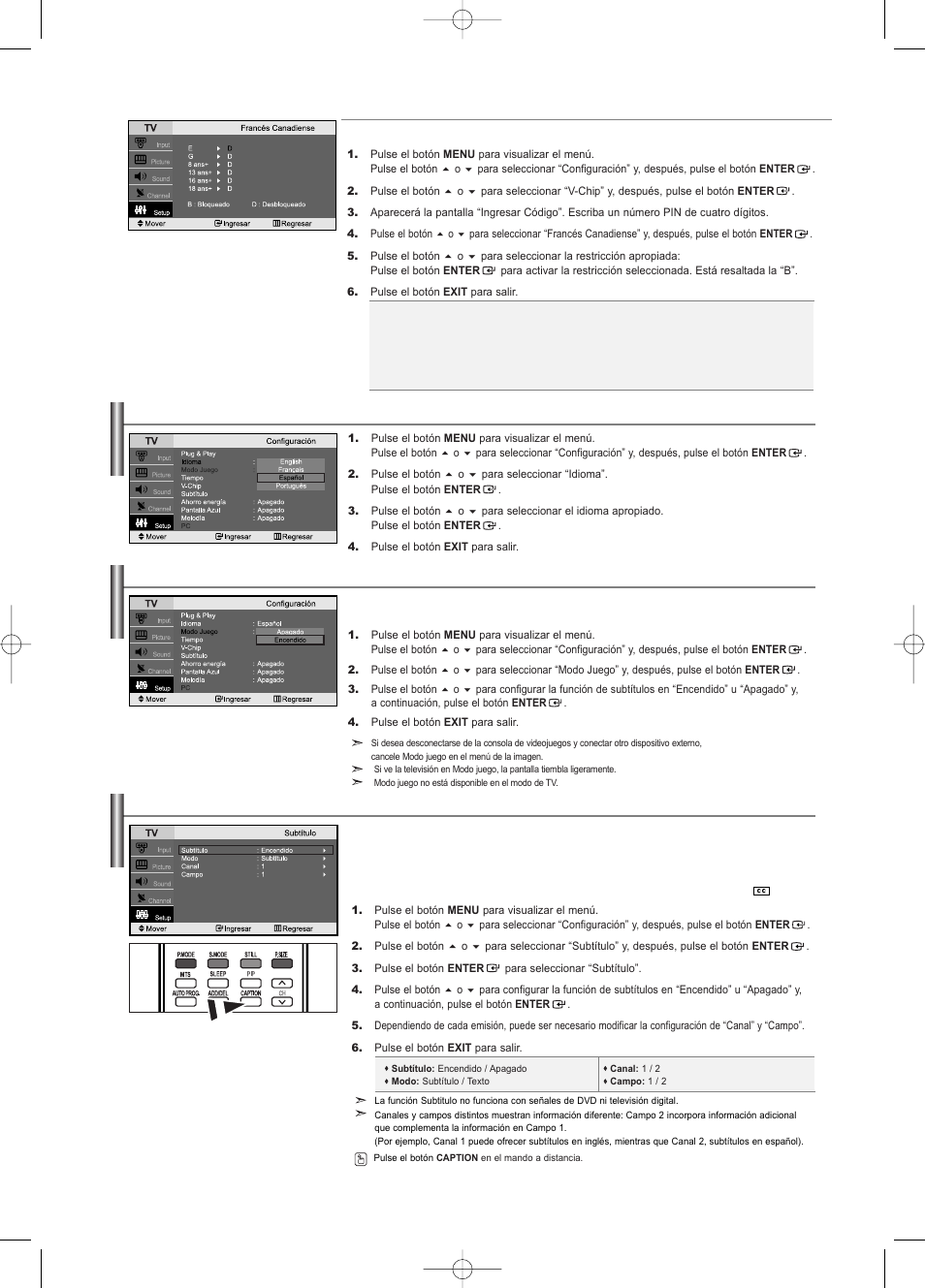 Visualización de los subtítulos, Selección del idioma de menú, Uso del modo juego | Samsung LNS2338WX-XAA User Manual | Page 73 / 77