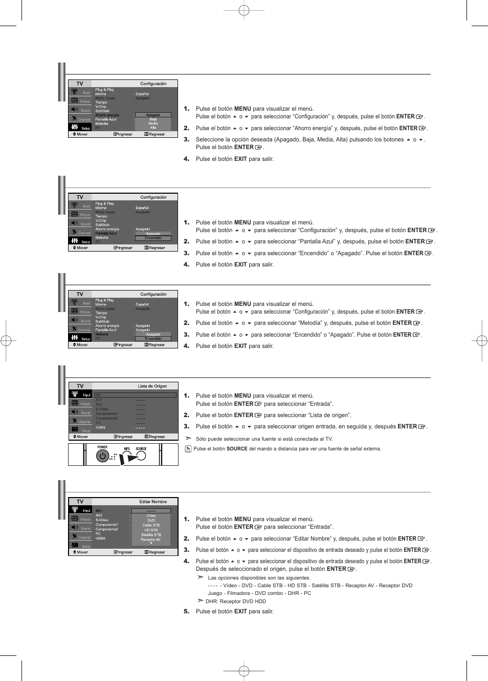 Uso de la función de ahorro de energía, Para seleccionar la fuente, Edición del nombre de la fuente de entrada | Ajuste del modo pantalla azul, Selección de la melodía | Samsung LNS2338WX-XAA User Manual | Page 74 / 77