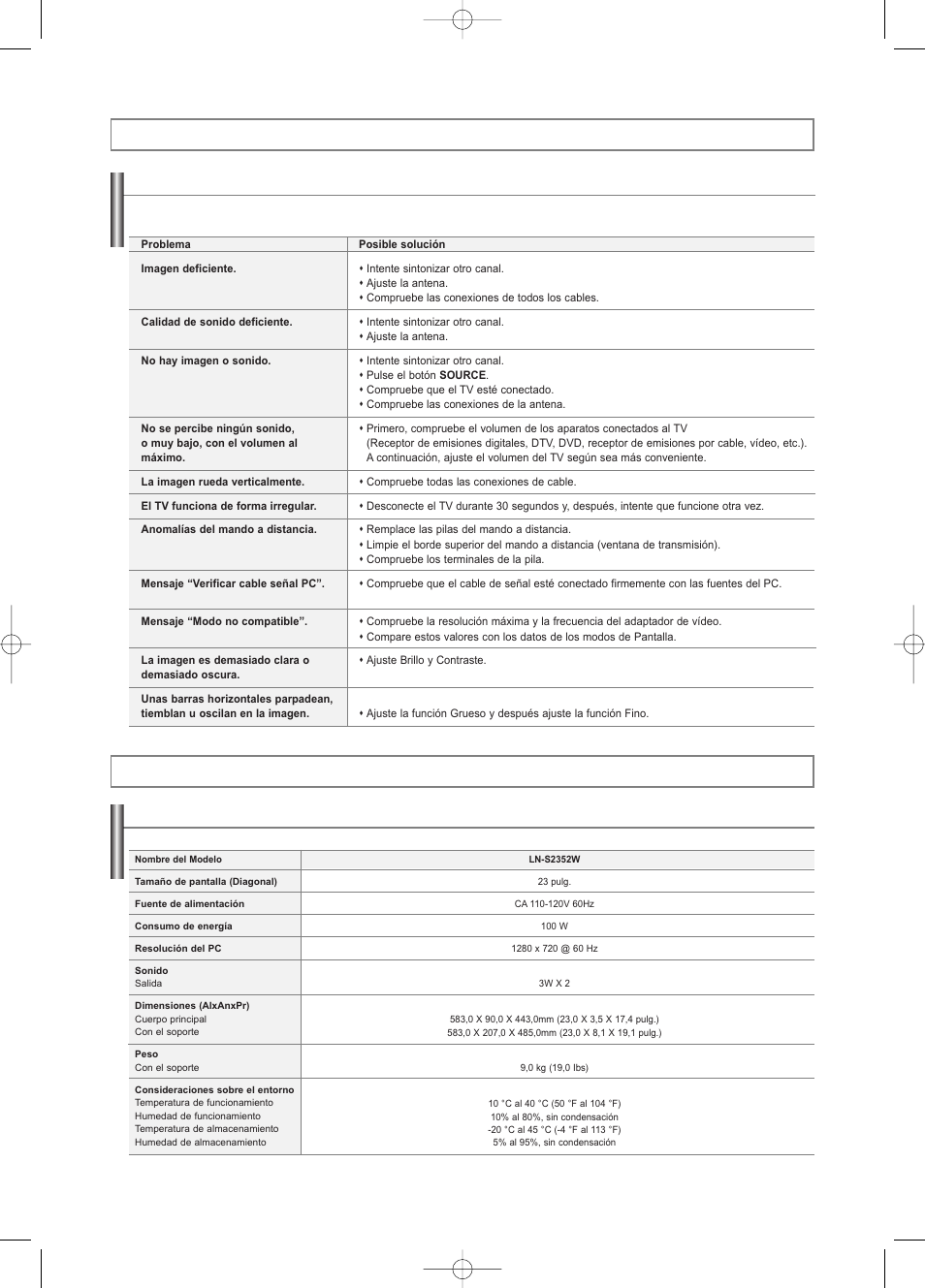 Solución de problemas apéndice, Especificaciones, Identificación de problemas | Samsung LNS2338WX-XAA User Manual | Page 77 / 77