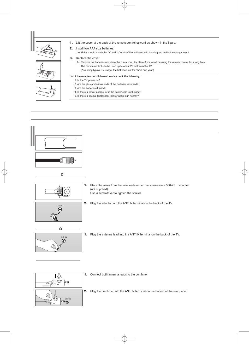Installing batteries in the remote control, Connections, Connecting vhf and uhf antennas | Samsung LNS2338WX-XAA User Manual | Page 8 / 77