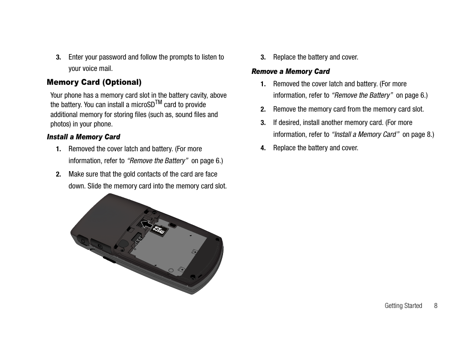 Memory card (optional), Install a memory card, Remove a memory card | Samsung SCH-U706HBAATL User Manual | Page 11 / 170