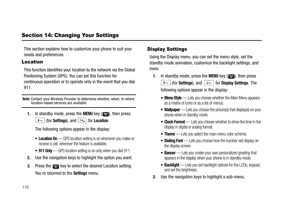 Section 14: changing your settings, Location, Display settings | Location display settings | Samsung SCH-U706HBAATL User Manual | Page 122 / 170