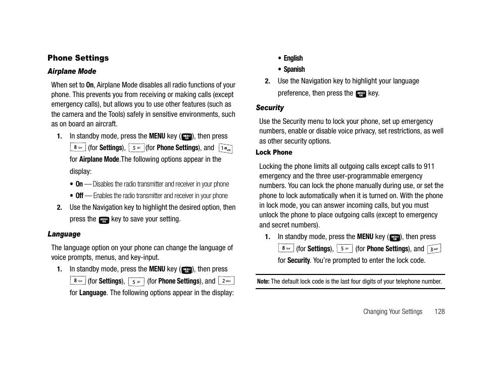 Phone settings, Airplane mode, Language | Security, Lock phone | Samsung SCH-U706HBAATL User Manual | Page 131 / 170