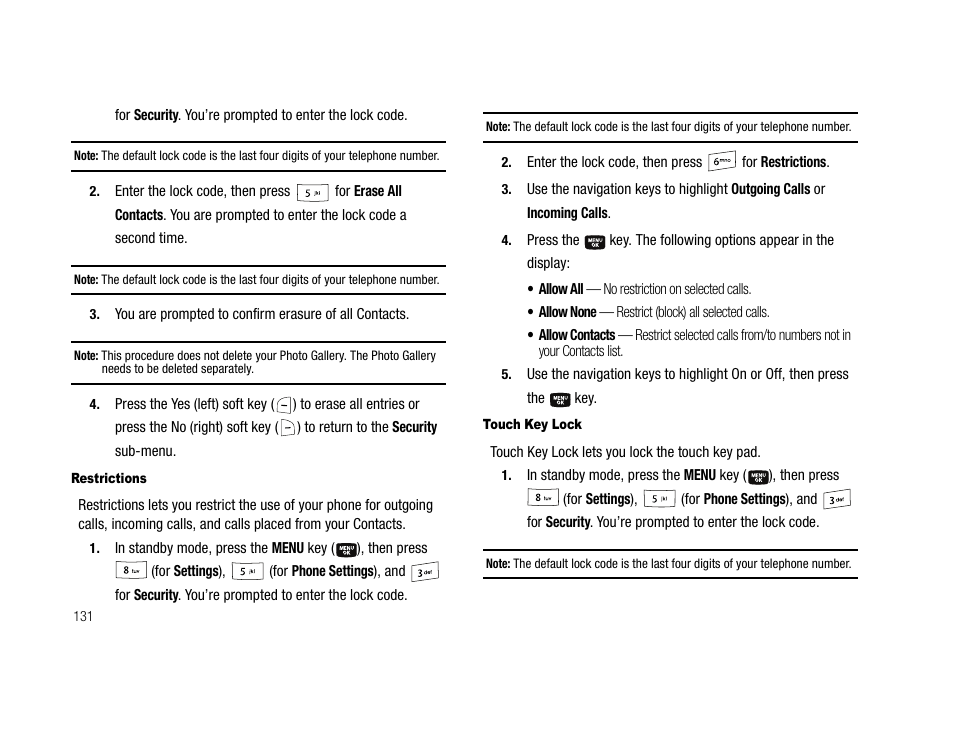 Restrictions, Touch key lock | Samsung SCH-U706HBAATL User Manual | Page 134 / 170
