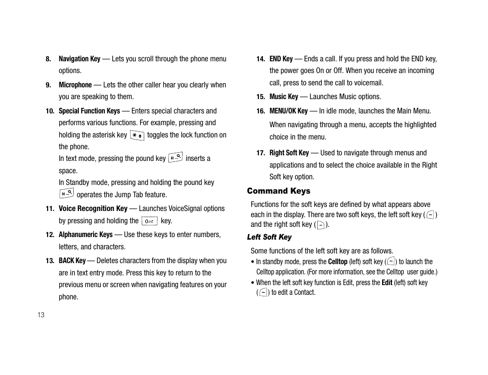 Command keys, Left soft key | Samsung SCH-U706HBAATL User Manual | Page 16 / 170