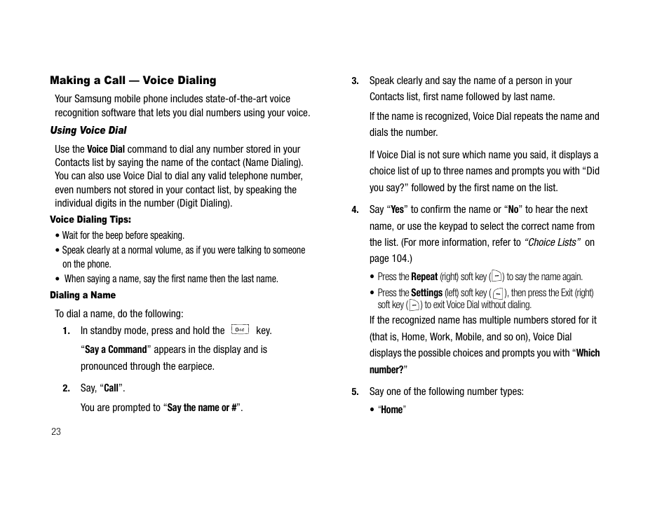 Making a call - voice dialing, Using voice dial, Voice dialing tips | Dialing a name, Making a call — voice dialing | Samsung SCH-U706HBAATL User Manual | Page 26 / 170