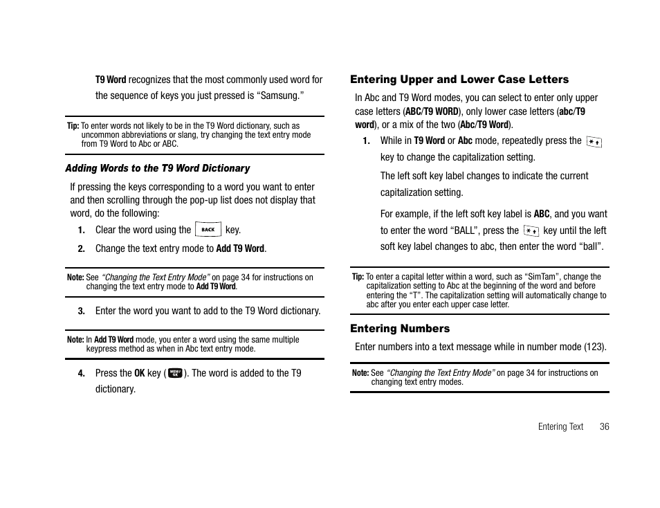 Adding words to the t9 word dictionary, Entering upper and lower case letters, Entering numbers | Samsung SCH-U706HBAATL User Manual | Page 39 / 170