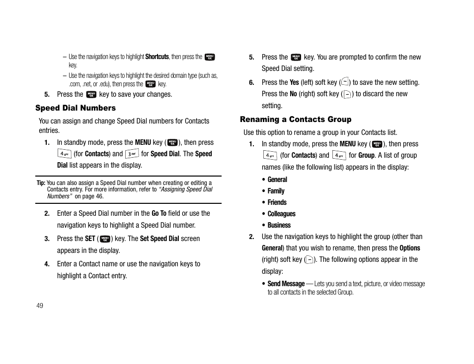 Speed dial numbers, Renaming a contacts group, Speed dial numbers renaming a contacts group | Samsung SCH-U706HBAATL User Manual | Page 52 / 170