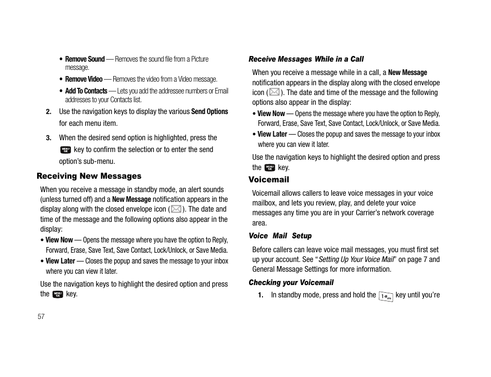 Receiving new messages, Receive messages while in a call, Voicemail | Voice mail setup, Checking your voicemail, Receiving new messages voicemail | Samsung SCH-U706HBAATL User Manual | Page 60 / 170