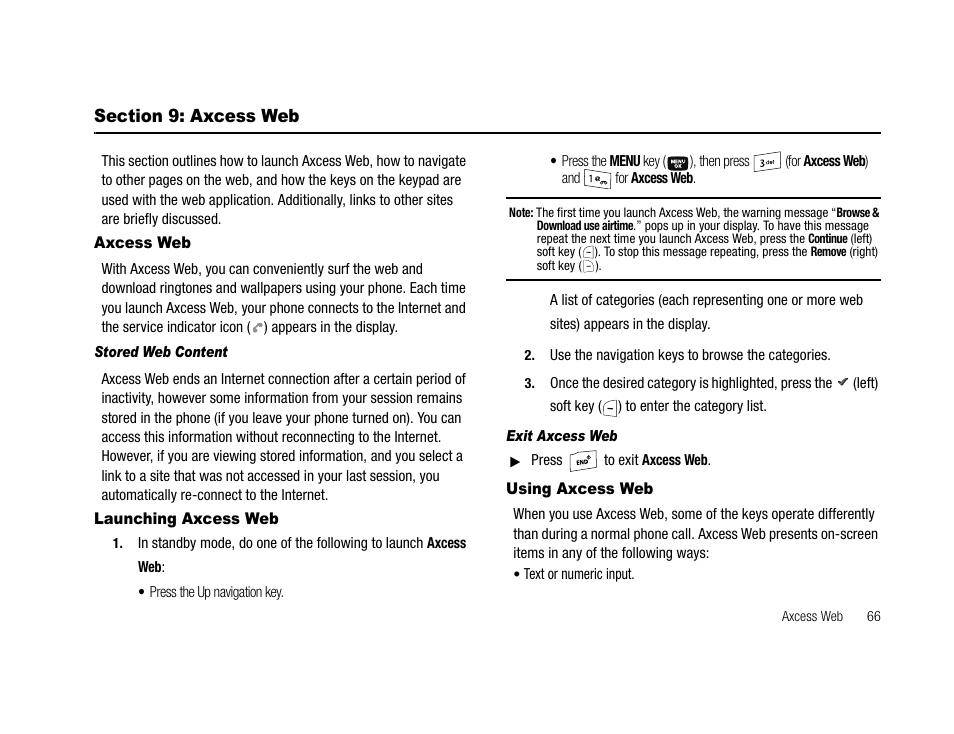 Section 9: axcess web, Axcess web, Stored web content | Launching axcess web, Exit axcess web, Using axcess web, Axcess web launching axcess web using axcess web | Samsung SCH-U706HBAATL User Manual | Page 69 / 170