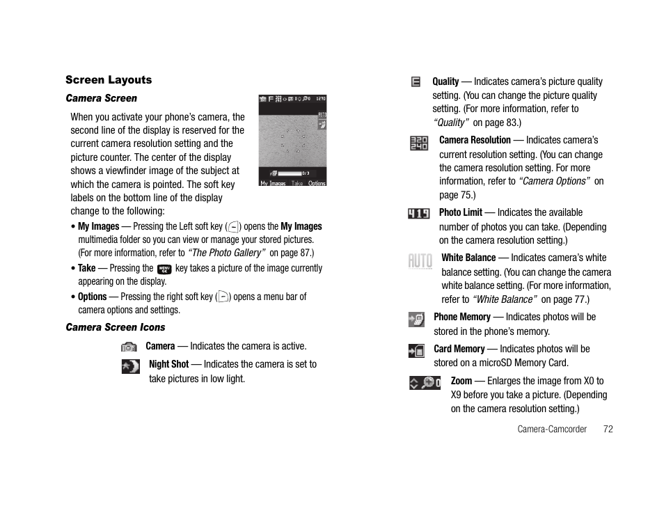 Screen layouts, Camera screen, Camera screen icons | Samsung SCH-U706HBAATL User Manual | Page 75 / 170