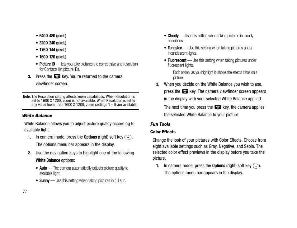 White balance, Fun tools, Color effects | Samsung SCH-U706HBAATL User Manual | Page 80 / 170