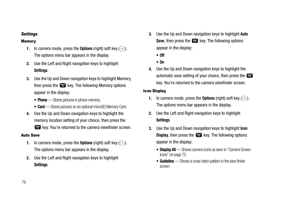 Settings, Memory, Auto save | Icon display | Samsung SCH-U706HBAATL User Manual | Page 82 / 170