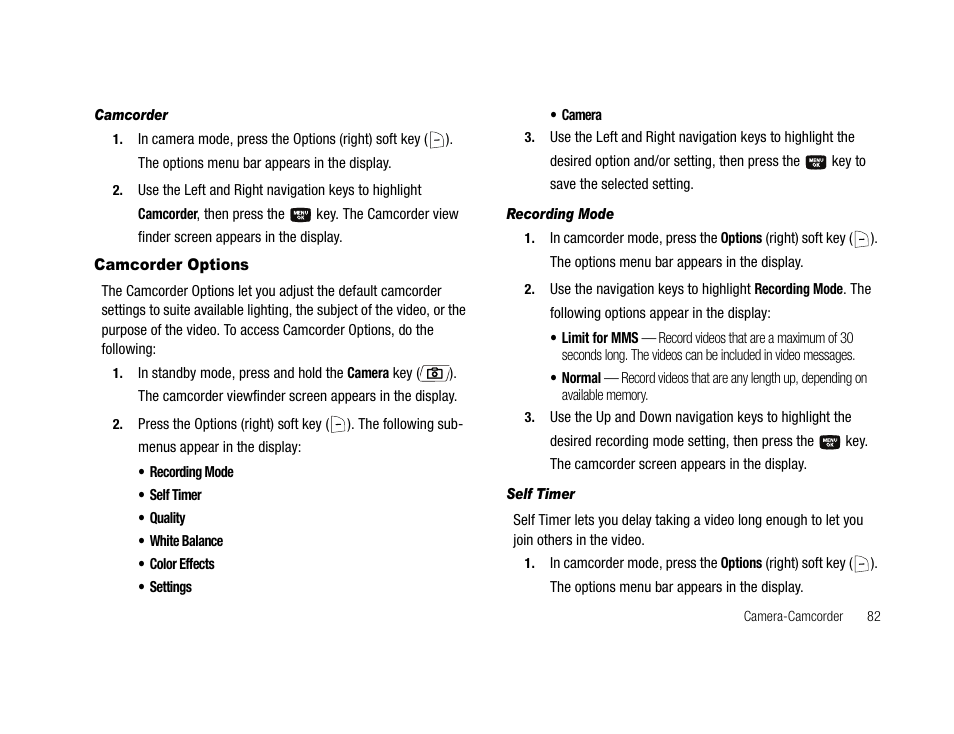 Camcorder, Camcorder options, Recording mode | Self timer | Samsung SCH-U706HBAATL User Manual | Page 85 / 170