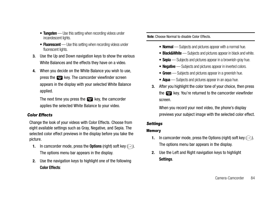 Color effects, Settings, Memory | Samsung SCH-U706HBAATL User Manual | Page 87 / 170