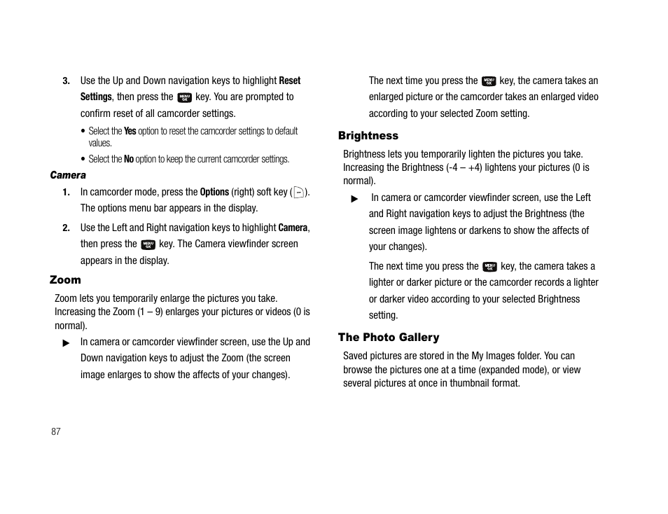 Camera, Zoom, Brightness | The photo gallery, Zoom brightness the photo gallery | Samsung SCH-U706HBAATL User Manual | Page 90 / 170