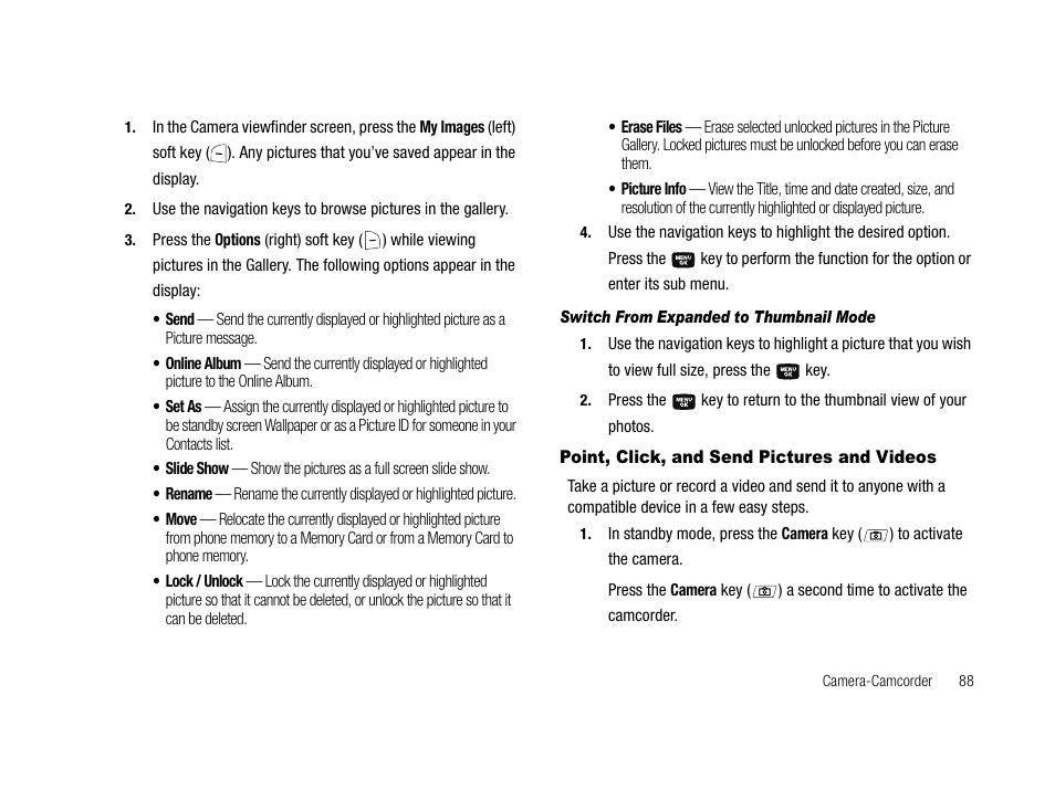 Switch from expanded to thumbnail mode, Point, click, and send pictures and videos | Samsung SCH-U706HBAATL User Manual | Page 91 / 170