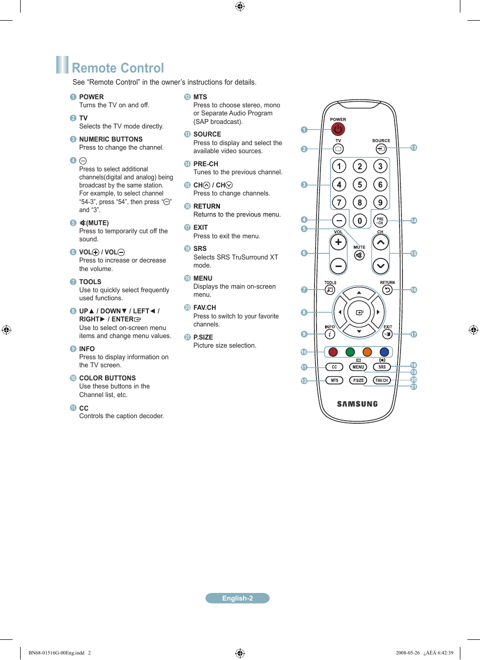 Remote control | Samsung LN32A330J1NXZA User Manual | Page 2 / 12