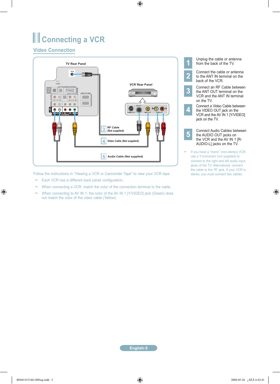 Connecting a vcr, Video connection | Samsung LN32A330J1NXZA User Manual | Page 5 / 12