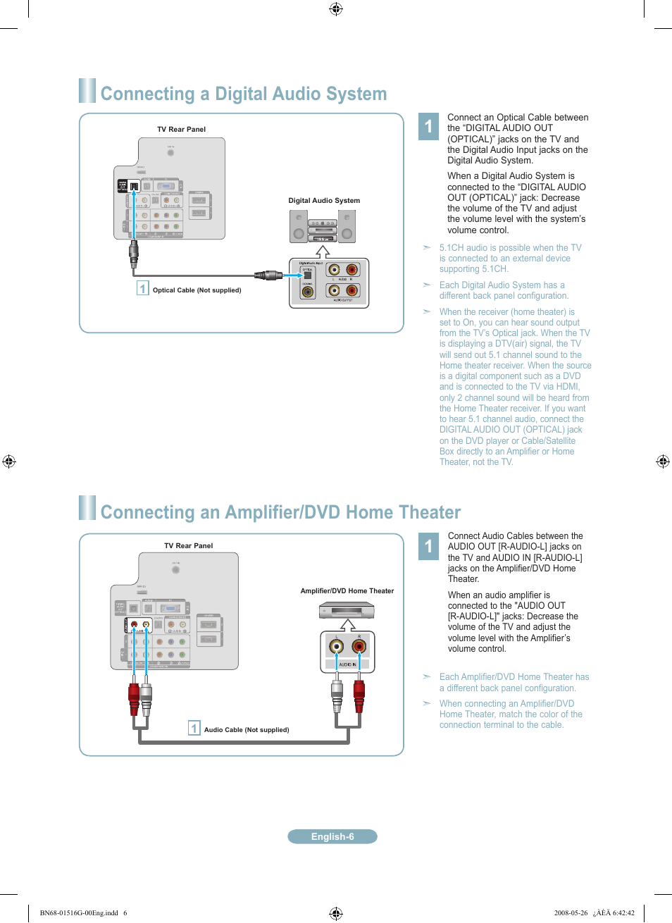 Connecting a digital audio system, Connecting an amplifier/dvd home theater | Samsung LN32A330J1NXZA User Manual | Page 6 / 12