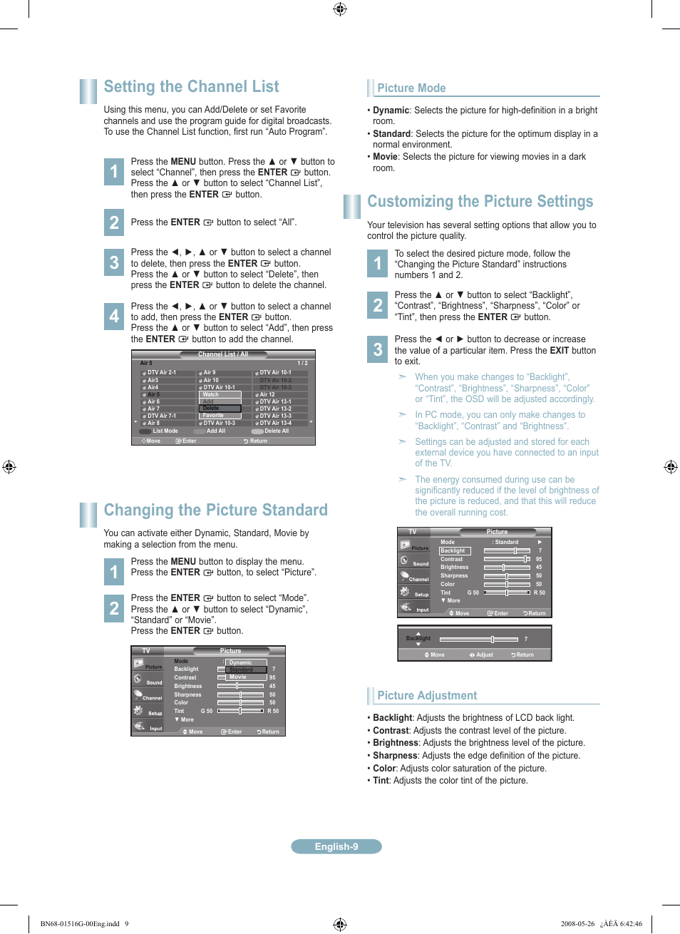 Setting the channel list, Changing the picture standard, Customizing the picture settings | Picture mode, Picture adjustment | Samsung LN32A330J1NXZA User Manual | Page 9 / 12