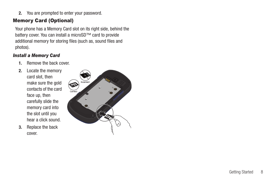 Memory card (optional) | Samsung SCH-R570ZBAMTR User Manual | Page 11 / 104