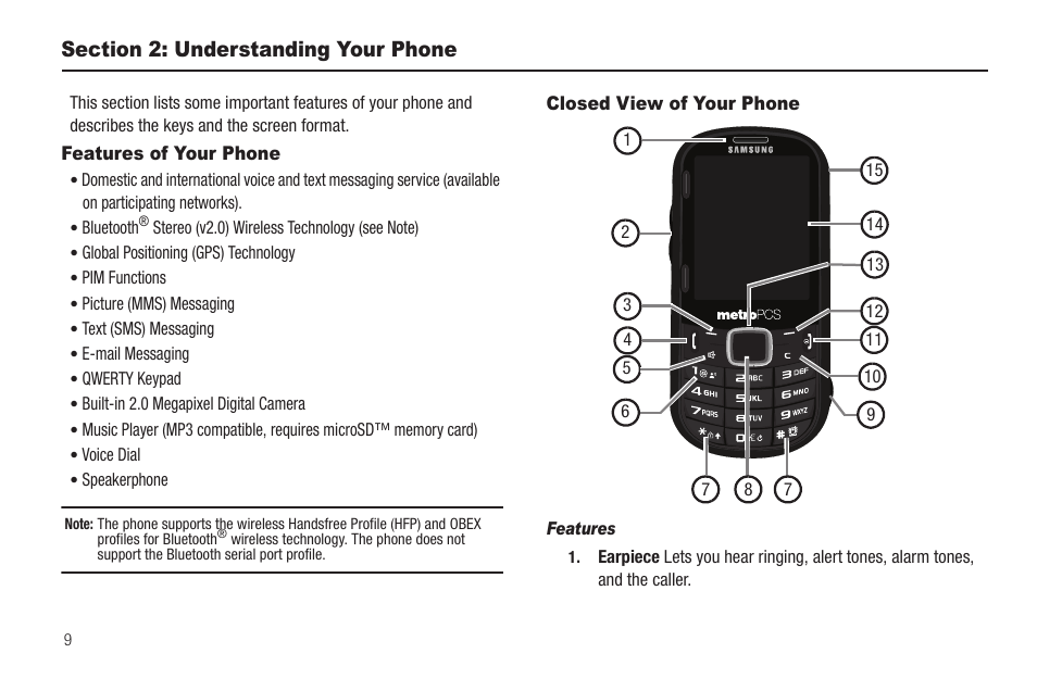 Section 2: understanding your phone, Features of your phone, Closed view of your phone | Features of your phone closed view of your phone | Samsung SCH-R570ZBAMTR User Manual | Page 12 / 104