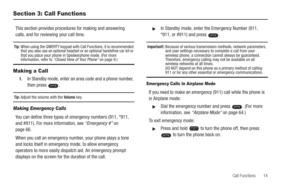 Section 3: call functions, Making a call | Samsung SCH-R570ZBAMTR User Manual | Page 17 / 104