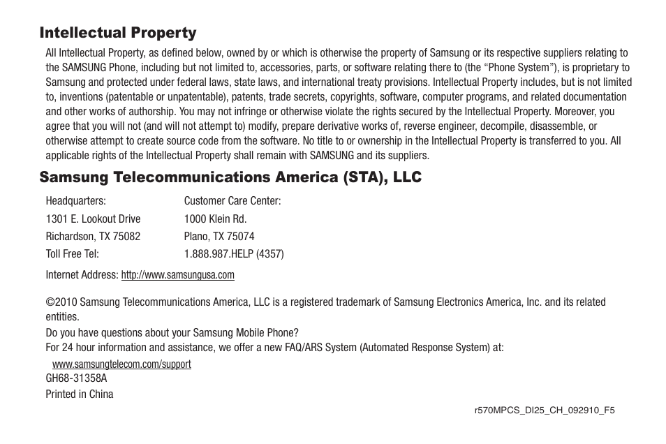 Intellectual property, Samsung telecommunications america (sta), llc | Samsung SCH-R570ZBAMTR User Manual | Page 2 / 104