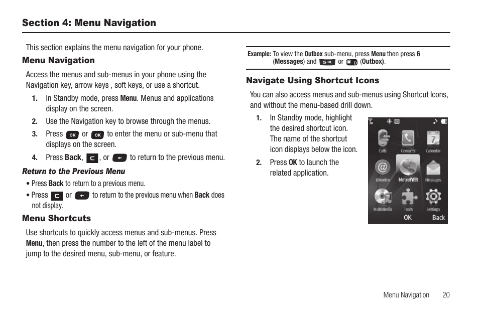 Section 4: menu navigation, Menu navigation, Menu shortcuts | Navigate using shortcut icons | Samsung SCH-R570ZBAMTR User Manual | Page 23 / 104