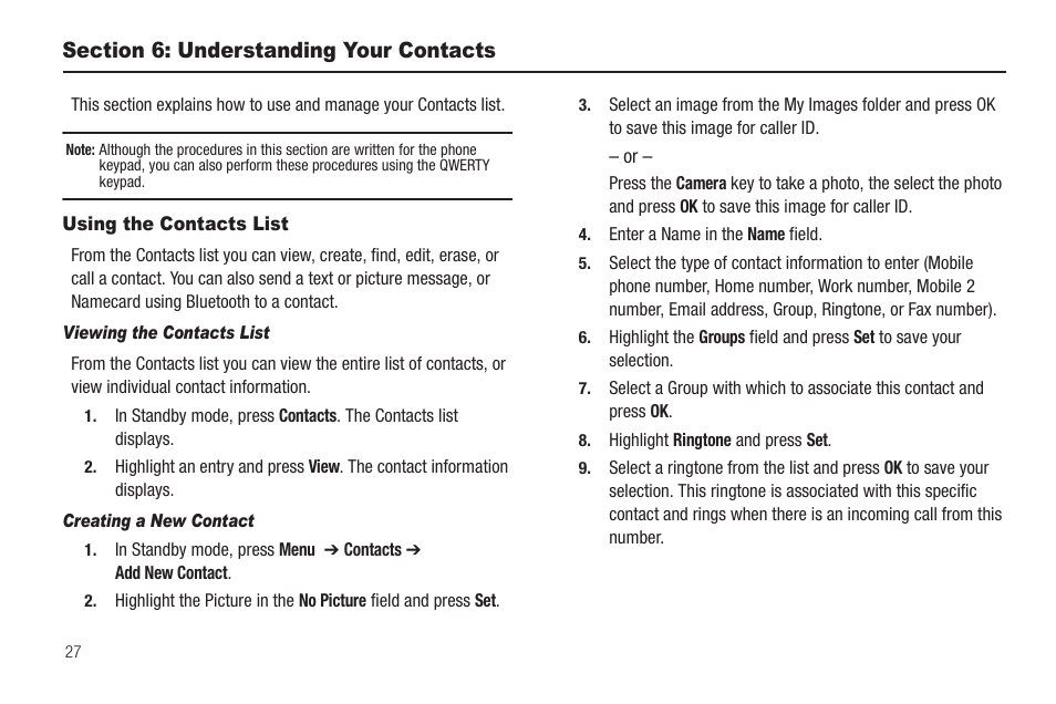 Section 6: understanding your contacts, Using the contacts list | Samsung SCH-R570ZBAMTR User Manual | Page 30 / 104