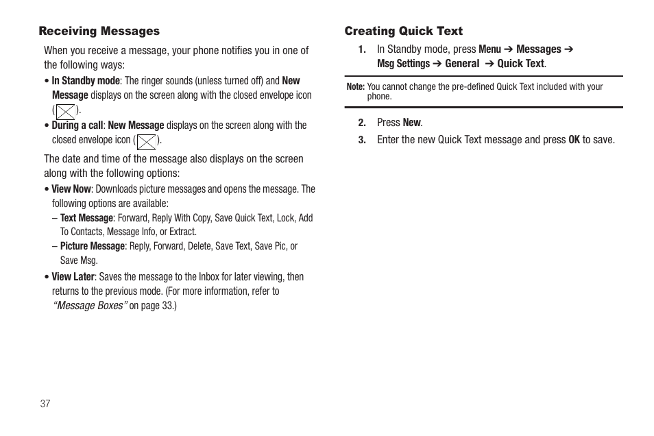 Receiving messages, Creating quick text, Receiving messages creating quick text | Samsung SCH-R570ZBAMTR User Manual | Page 40 / 104