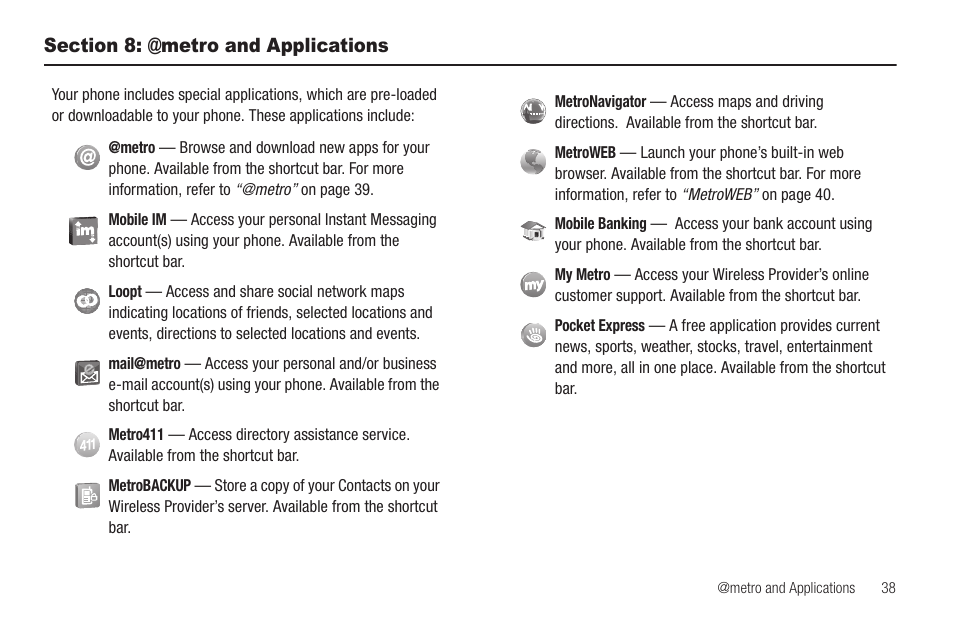 Section 8: @metro and applications | Samsung SCH-R570ZBAMTR User Manual | Page 41 / 104