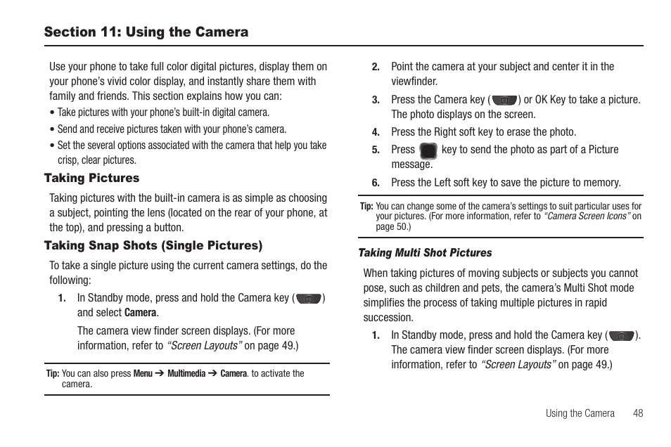 Section 11: using the camera, Taking pictures, Taking snap shots (single pictures) | Samsung SCH-R570ZBAMTR User Manual | Page 51 / 104