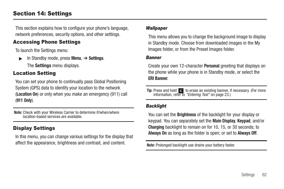 Section 14: settings, Accessing phone settings, Location setting | Display settings | Samsung SCH-R570ZBAMTR User Manual | Page 65 / 104