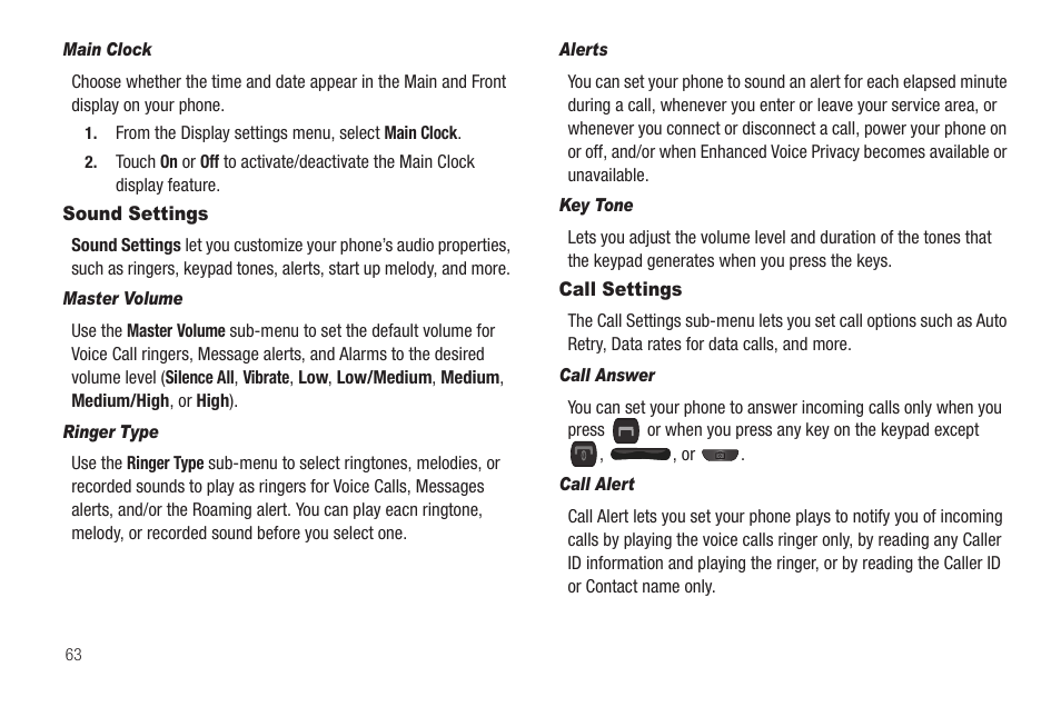 Sound settings, Call settings, Sound settings call settings | Samsung SCH-R570ZBAMTR User Manual | Page 66 / 104