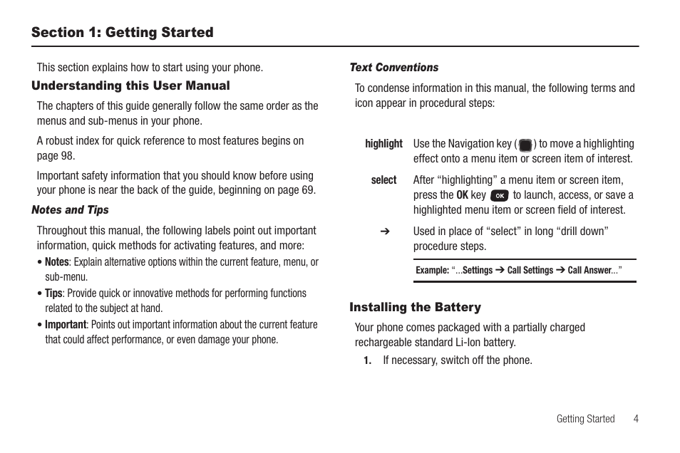 Section 1: getting started, Understanding this user manual, Installing the battery | Samsung SCH-R570ZBAMTR User Manual | Page 7 / 104