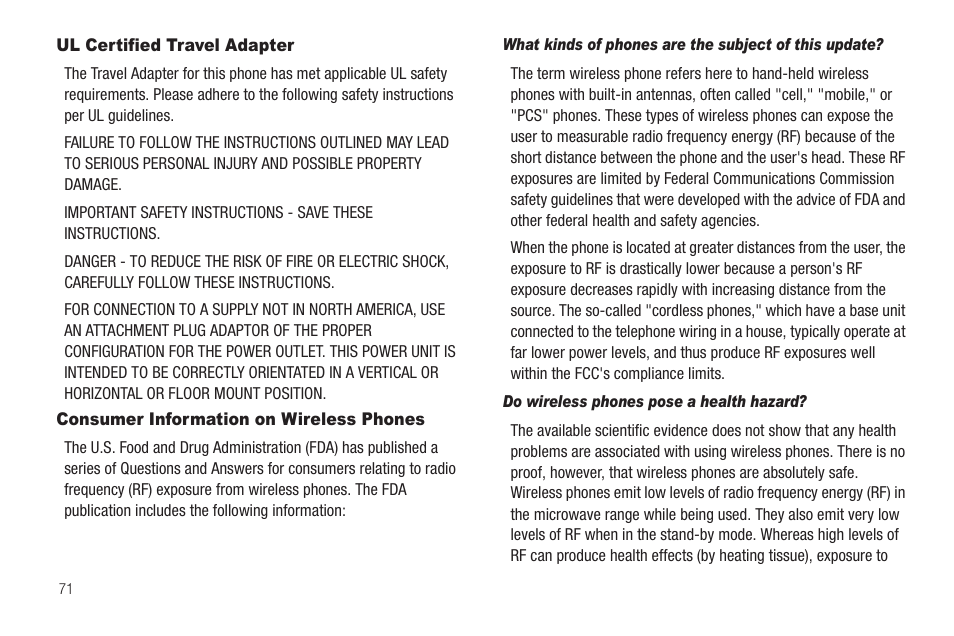 Ul certified travel adapter, Consumer information on wireless phones | Samsung SCH-R570ZBAMTR User Manual | Page 74 / 104