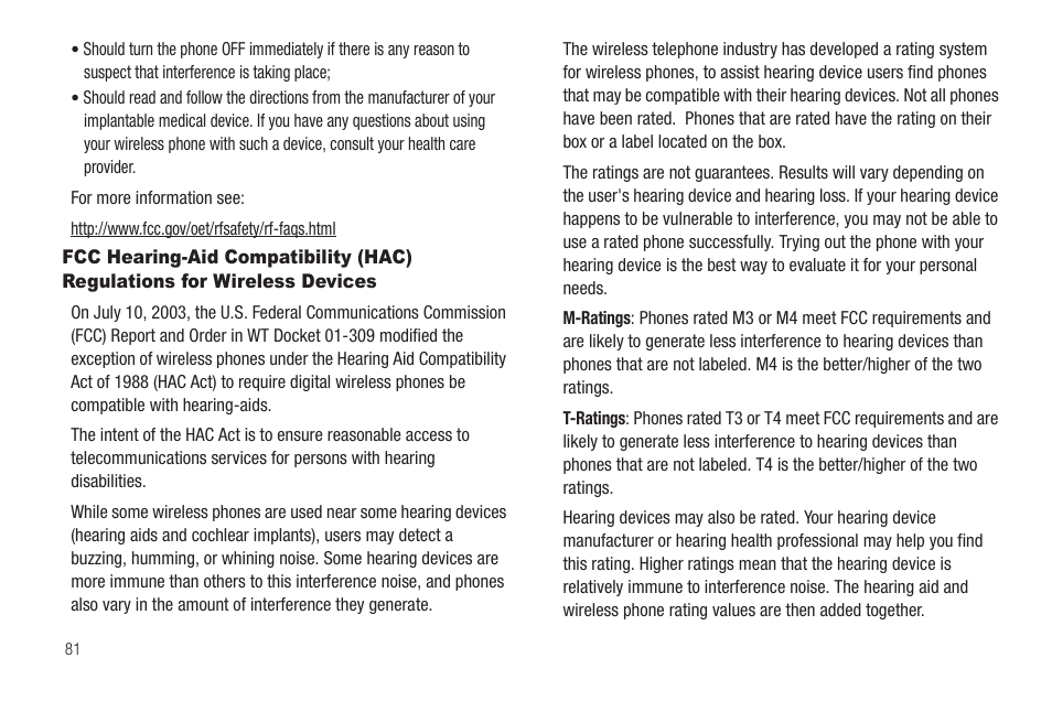 Fcc hearing-aid compatibility (hac) regulations, For wireless devices | Samsung SCH-R570ZBAMTR User Manual | Page 84 / 104