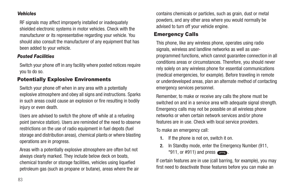 Potentially explosive environments, Emergency calls, Potentially explosive environments emergency calls | Samsung SCH-R570ZBAMTR User Manual | Page 86 / 104