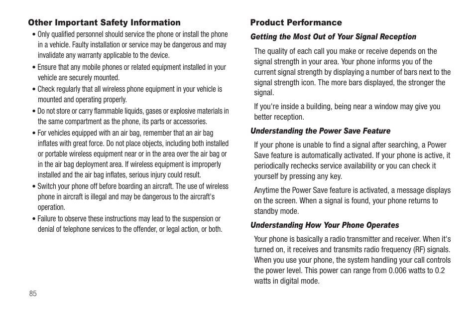 Other important safety information, Product performance | Samsung SCH-R570ZBAMTR User Manual | Page 88 / 104