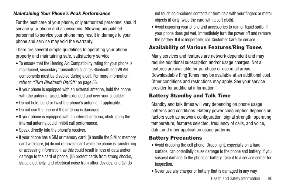 Availability of various features/ring tones, Battery standby and talk time, Battery precautions | Samsung SCH-R570ZBAMTR User Manual | Page 89 / 104