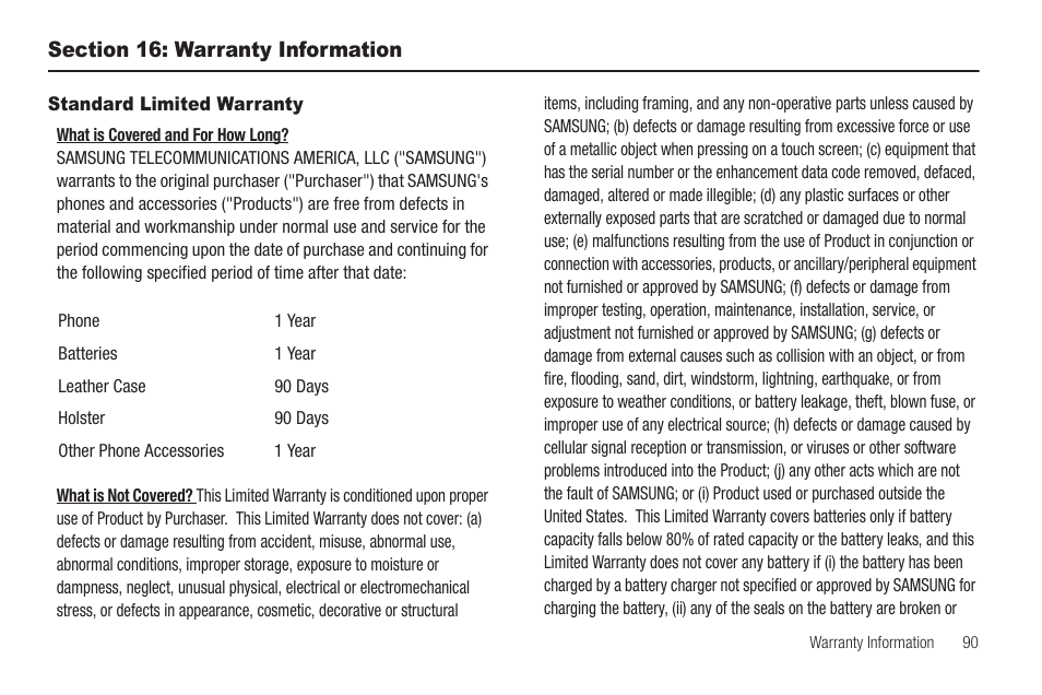 Section 16: warranty information, Standard limited warranty | Samsung SCH-R570ZBAMTR User Manual | Page 93 / 104