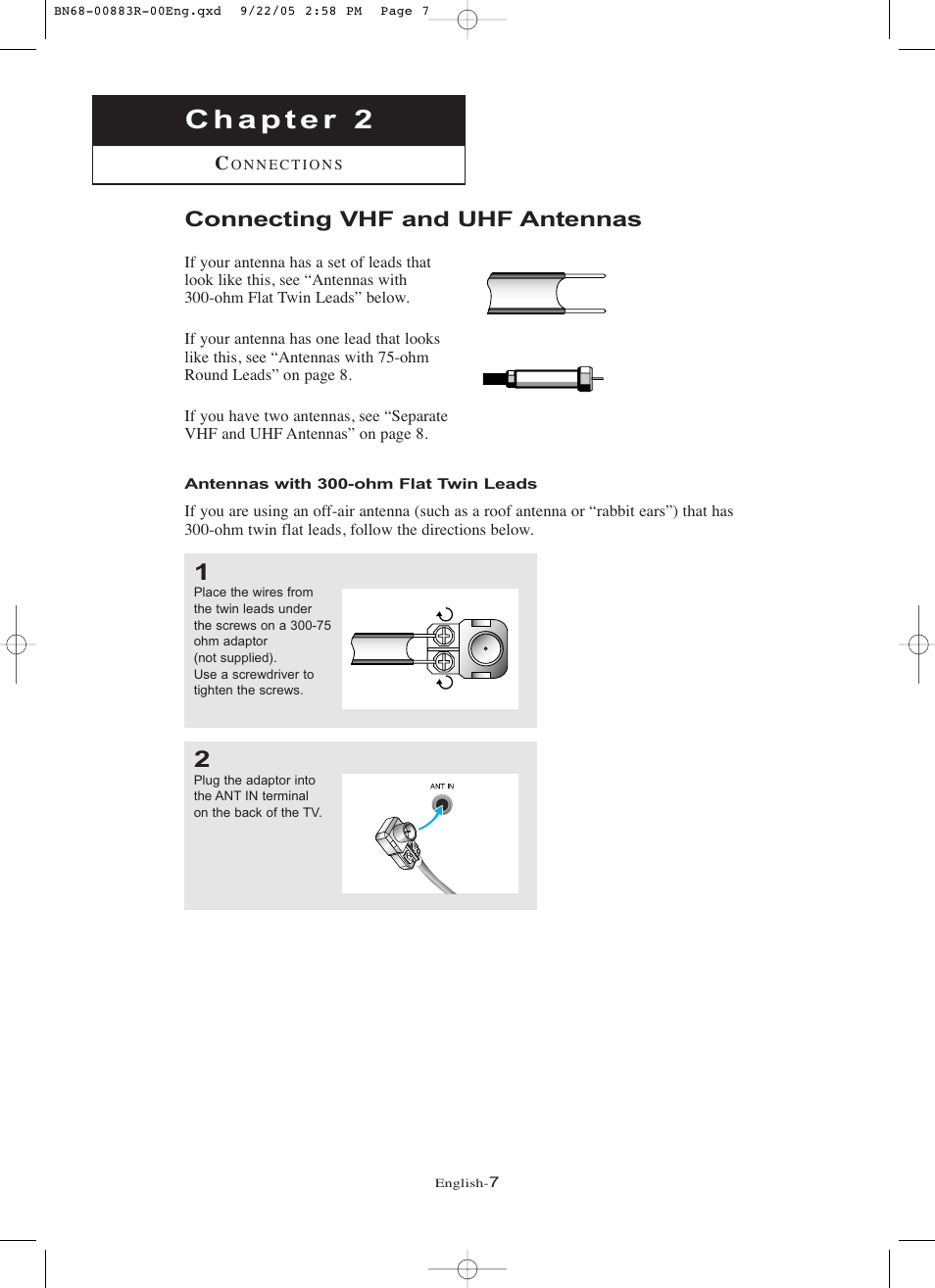 Chapter 2: connections, Connecting vhf and uhf antennas | Samsung LNR238WAX-XAA User Manual | Page 12 / 88