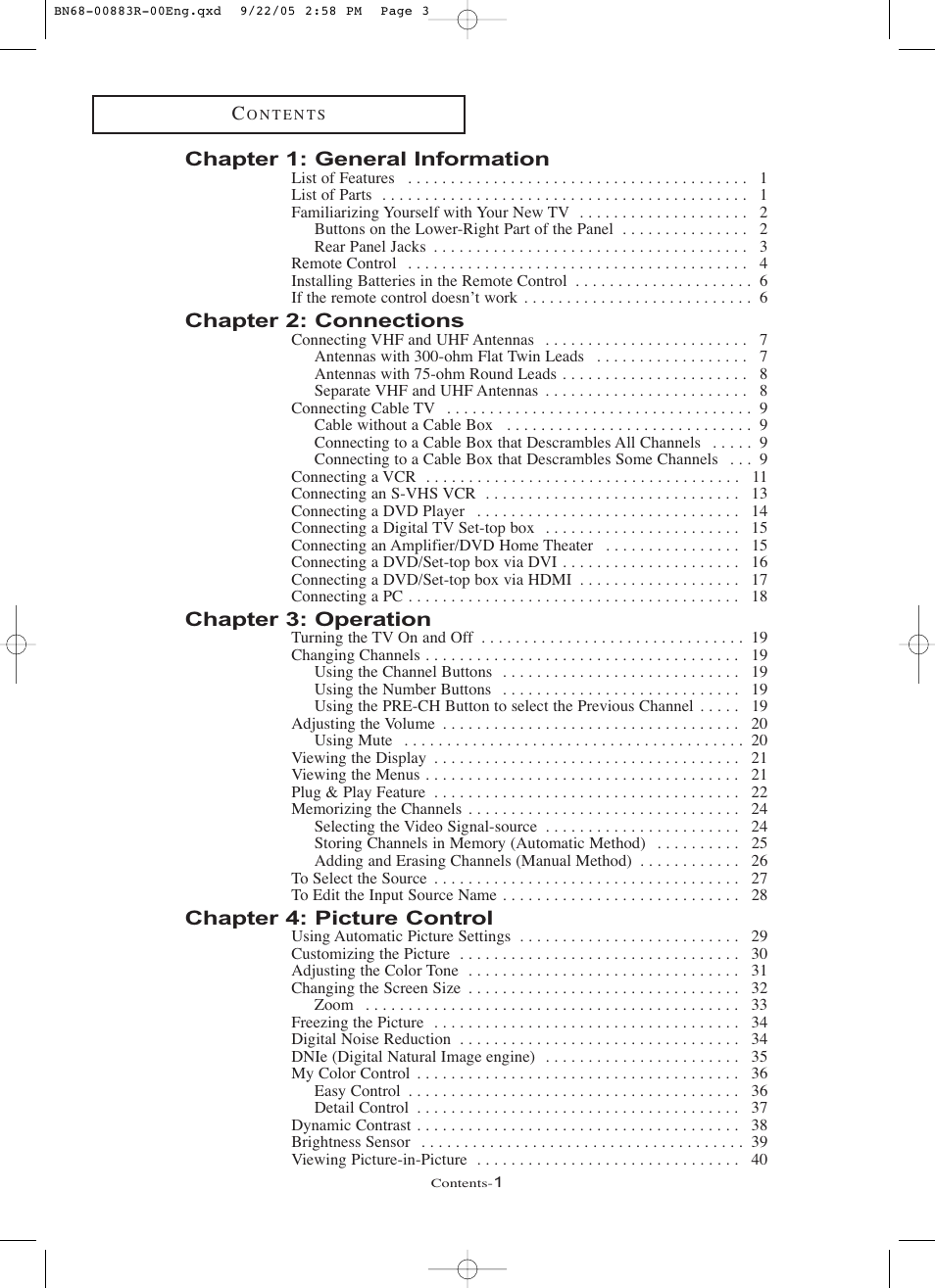 Chapter 1: general information, Chapter 2: connections, Chapter 3: operation | Chapter 4: picture control | Samsung LNR238WAX-XAA User Manual | Page 4 / 88