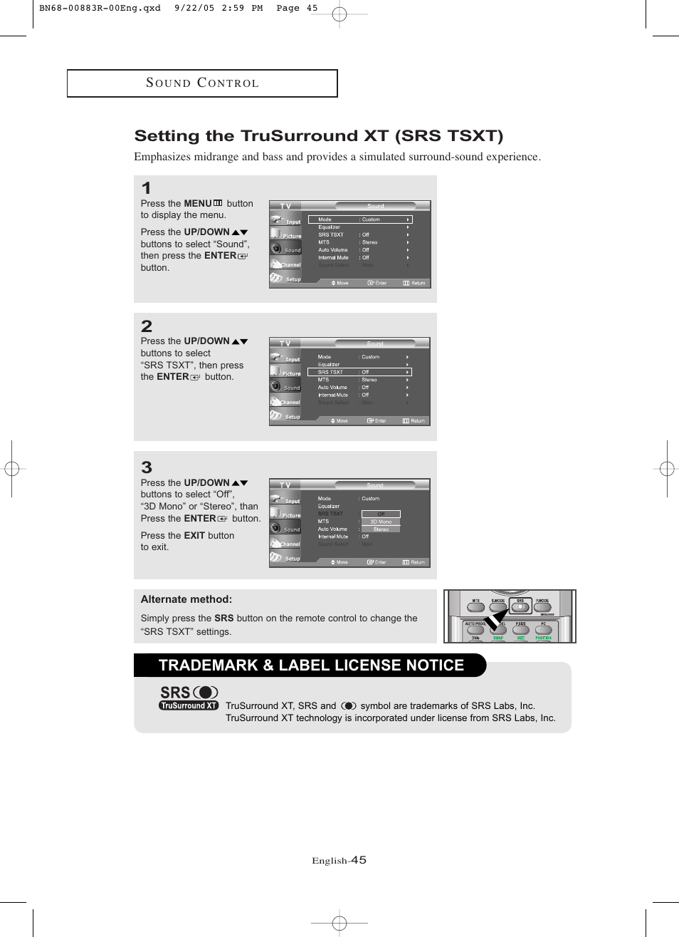 Setting the trusurround xt (srs tsxt), Trademark & label license notice | Samsung LNR238WAX-XAA User Manual | Page 50 / 88